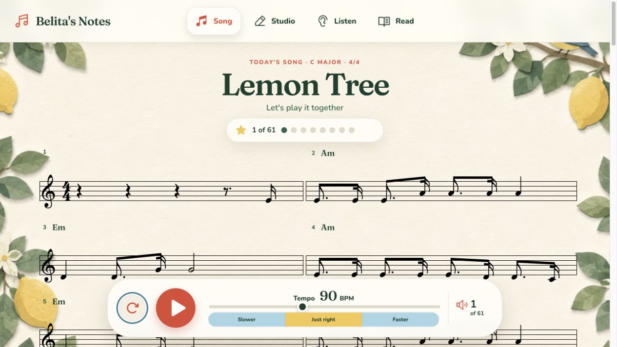 Belita's Notes showing the complete Lemon Tree sheet music